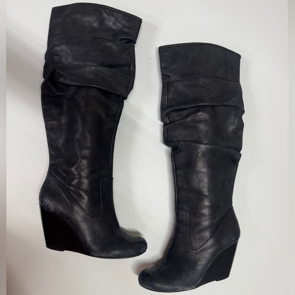 Jessica Simpson Black Leather Slouchy Wedge Knee-High Boots